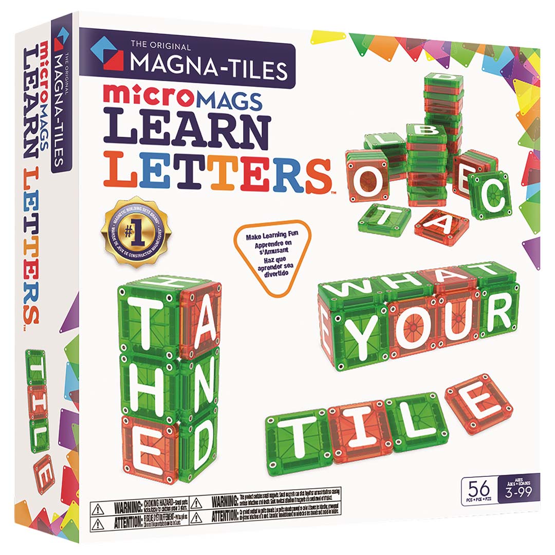 Verpakking van Magna-Tiles MicroMags Learn Letters bouwspeelgoed met magnetische lettertegels.