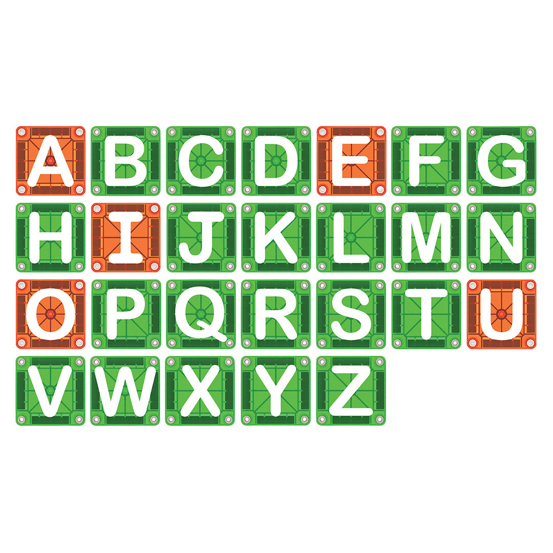 Infographic met alle Magna-Tiles magnetische lettertegels van het alfabet, van A tot Z.