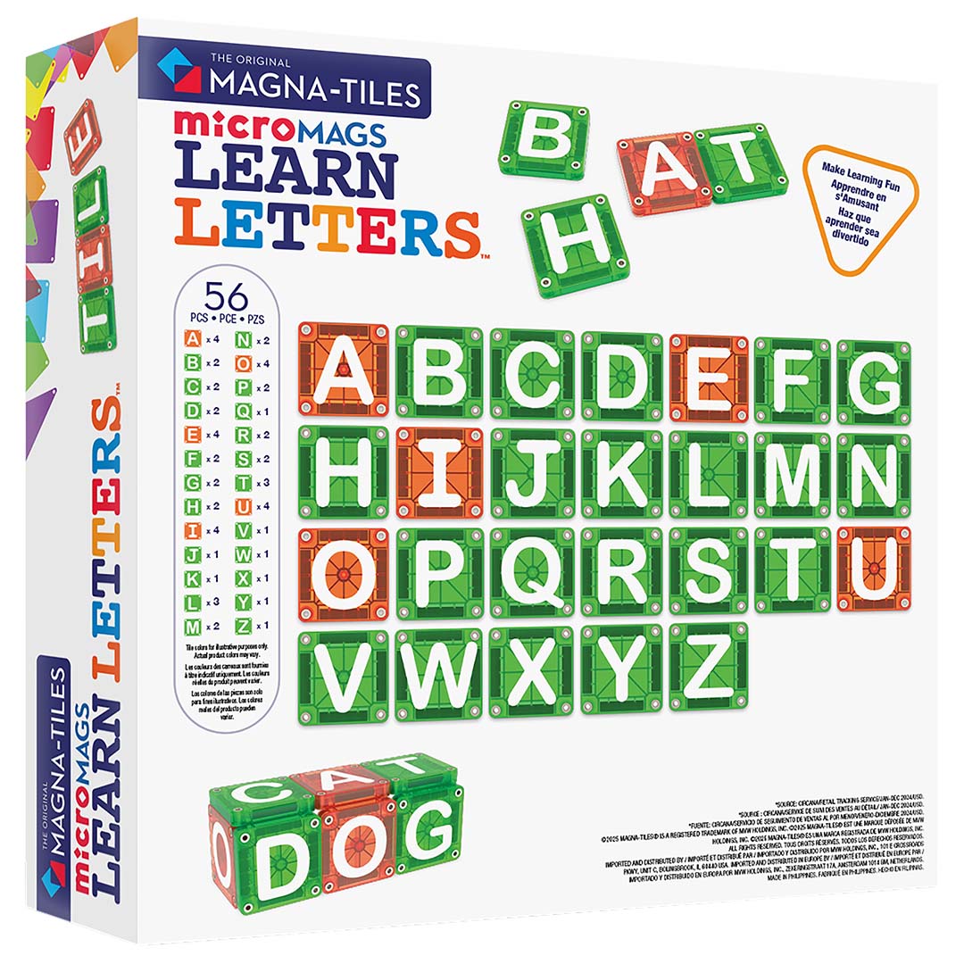 Schuine weergave van de verpakking van Magna-Tiles MicroMags Learn Letters bouwspeelgoed.