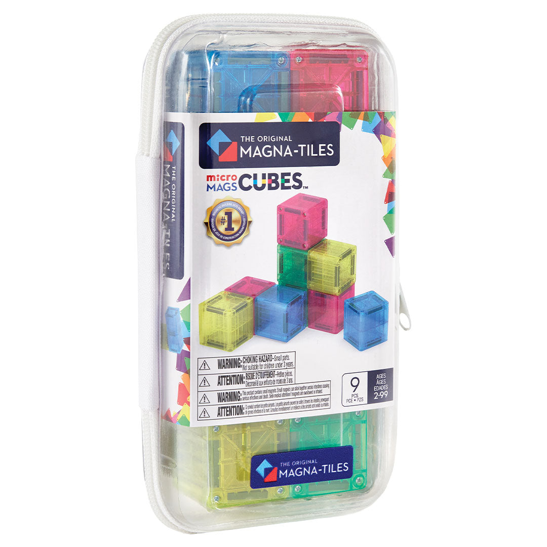Verpakking van de Magna-Tiles Micro Mags Cubes met 9 kleurrijke magnetische bouwblokjes.