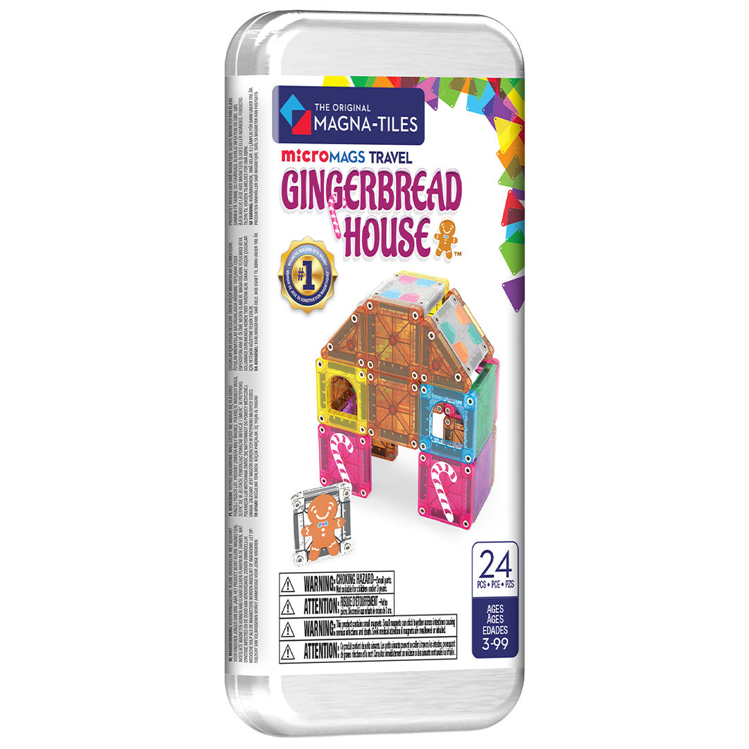 Magna-Tiles MicroMags Travel Gingerbread House bouwset verpakking met een afbeelding van het gebouwde huis en een koekjesman.