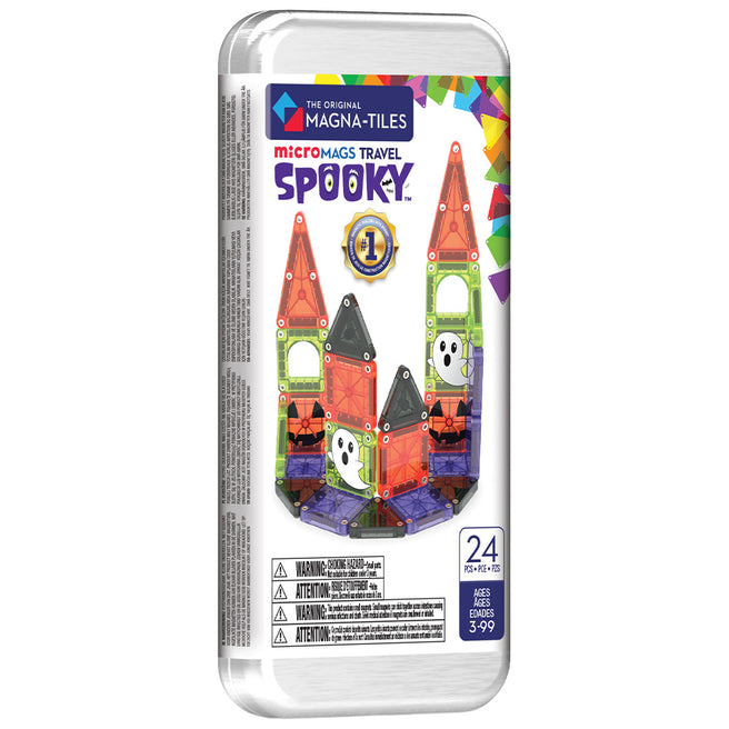 Magna-Tiles MicroMags Travel Spooky bouwset verpakking met een spookhuis van magnetische tegels.