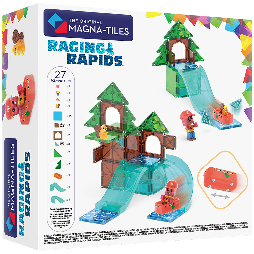 Verpakking van de Magna-Tiles Raging Rapids bouwset met een boomhut, glijbanen en een figuur in een bootje.
