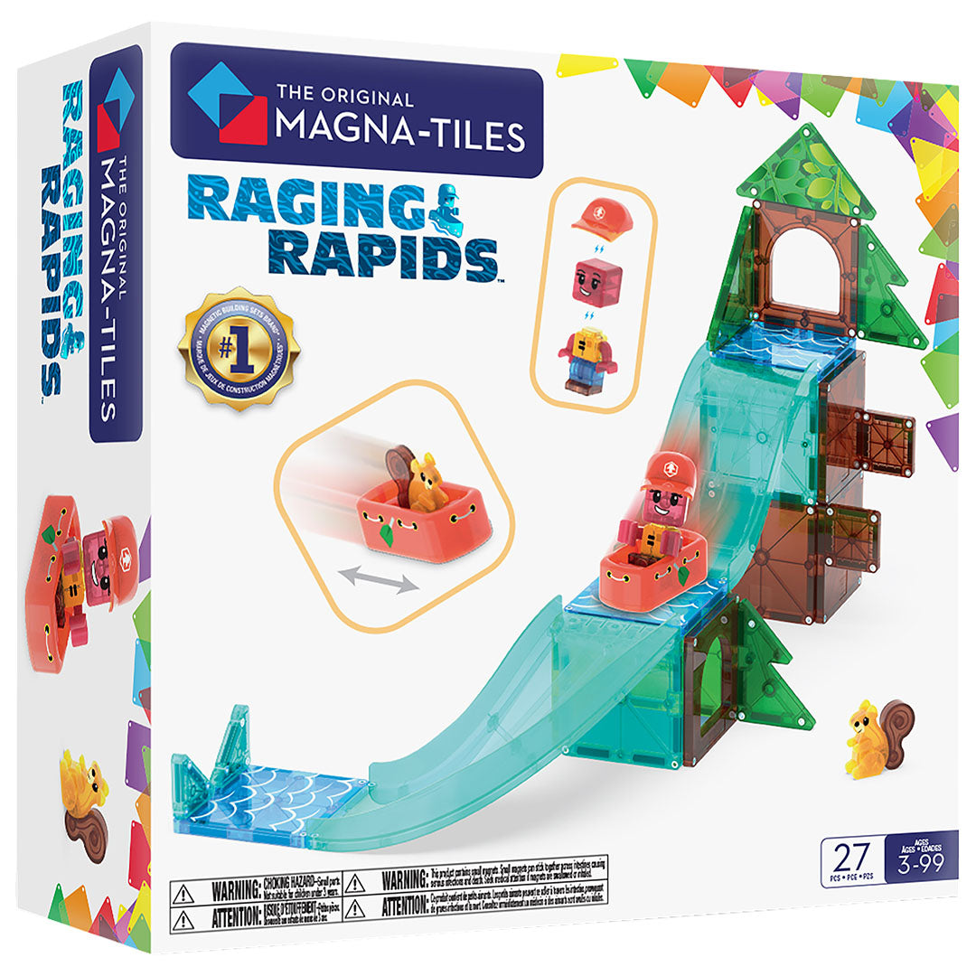Verpakking van de Magna-Tiles Raging Rapids bouwset met een boomhut, glijbanen en een figuur in een bootje.