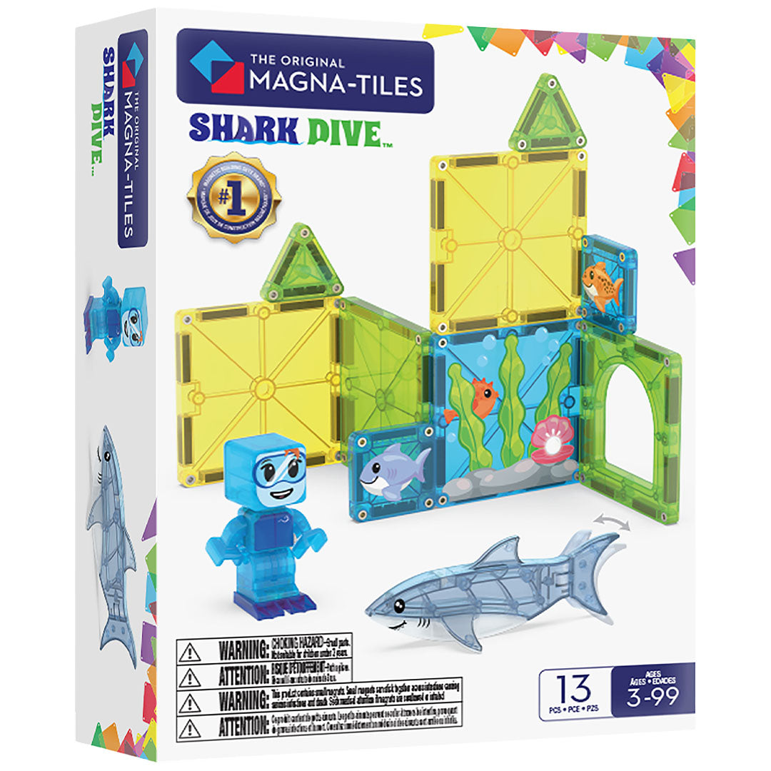 De voorkant van de Magna-Tiles Shark Dive magnetische tegels bouwset verpakking met de inhoud afgebeeld.