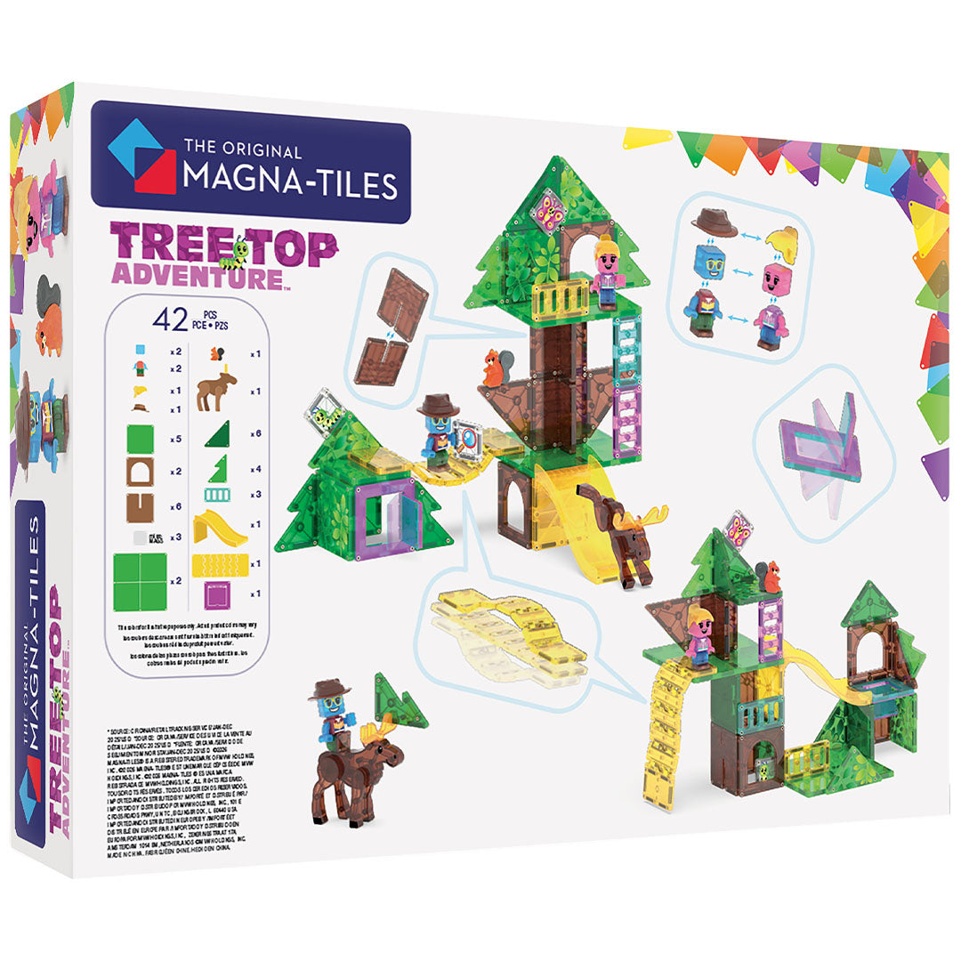 De achterkant van de verpakking van de Magna-Tiles Treetop Adventure magnetische tegels bouwset met voorbeelden van bouwmogelijkheden.