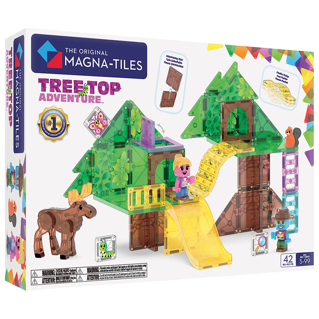 De voorkant van de verpakking van de Magna-Tiles Treetop Adventure magnetische tegels bouwset met een boomhut, figuren en dieren.