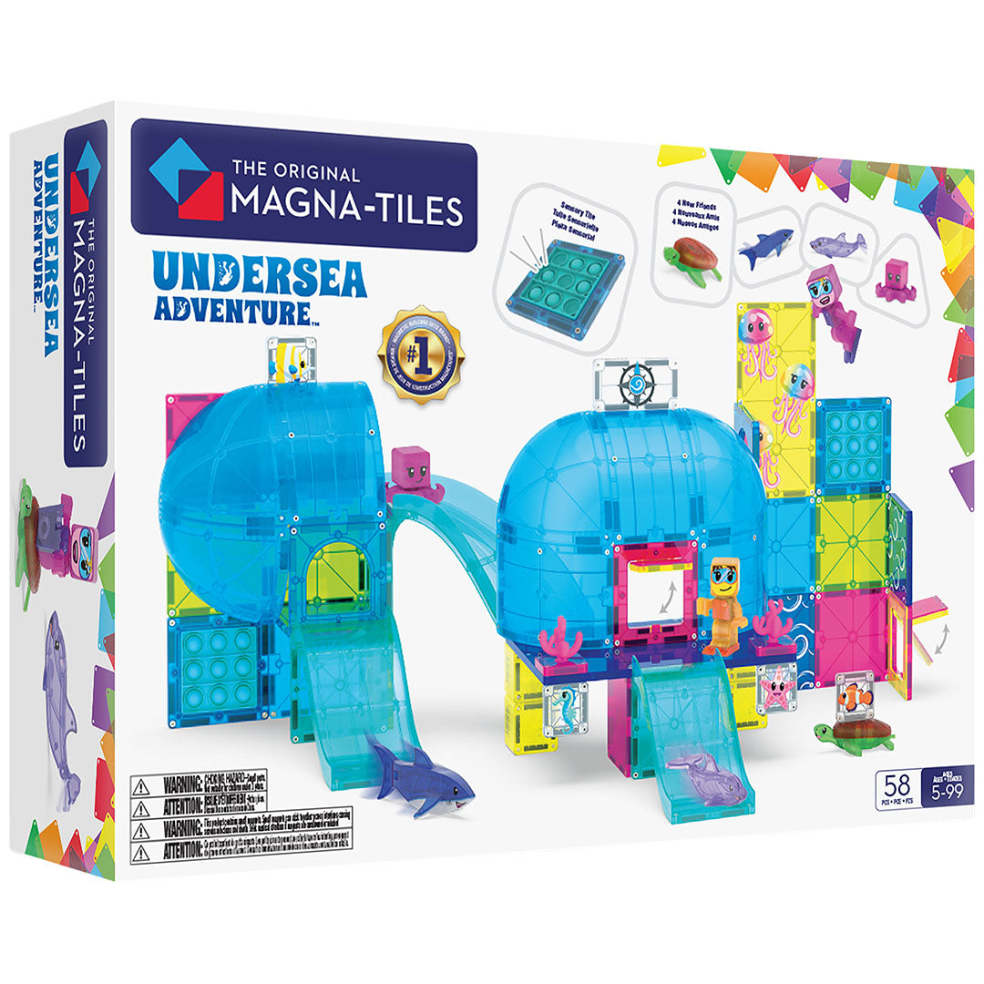 De verpakking van de Magna-Tiles Undersea Adventure bouwset met een onderwaterwereld van magnetische tegels en zeedieren.