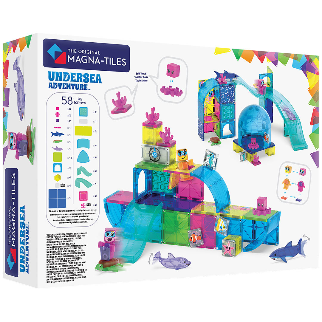 De achterkant van de Magna-Tiles Undersea Adventure bouwset verpakking, met details over de inhoud en mogelijke constructies.