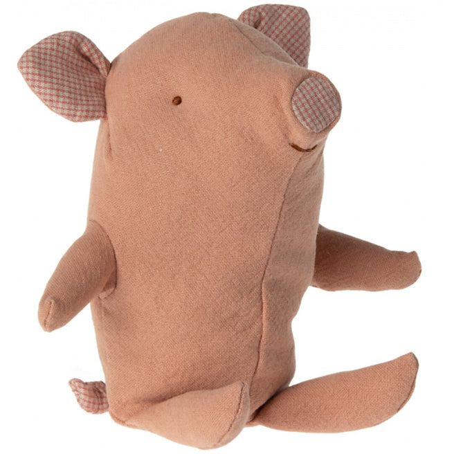Maileg pluchen knuffelbig in roze met geruite oren en snuit.