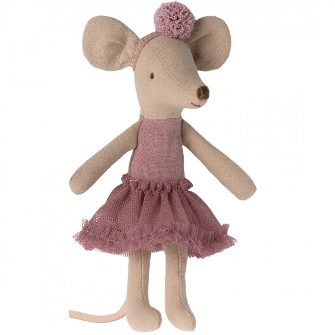 Maileg knuffelmuis grote zus ballerina in een roze jurk met pompom.