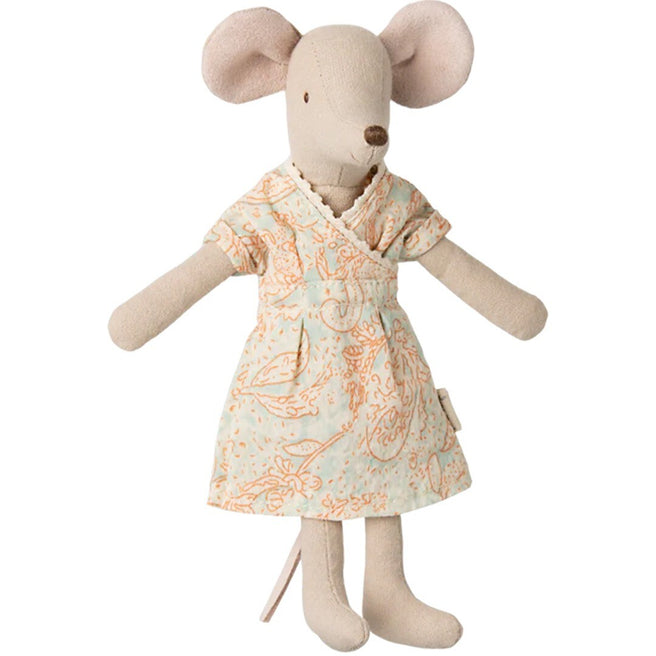 Maileg knuffelmuis moeder met een gebloemde jurk.