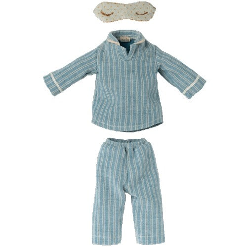 Maileg blauw gestreepte pyjama set met slaapmasker voor een knuffelmuis.