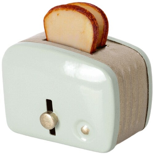 Maileg poppenhuis speelgoed broodrooster in mintgroen met twee toastjes.