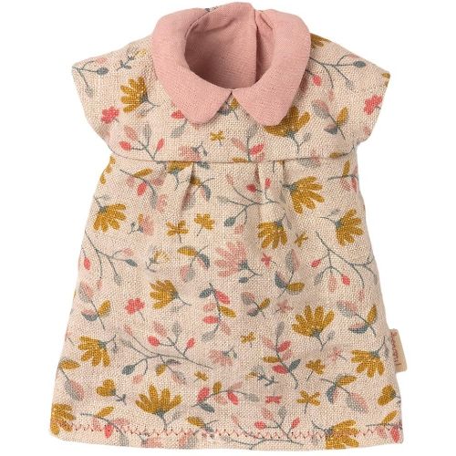Maileg poppenkleding bloemetjesjurk met roze kraag.