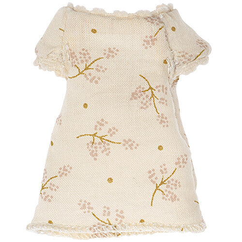 Maileg poppen nachtjapon met een beige bloemenpatroon.