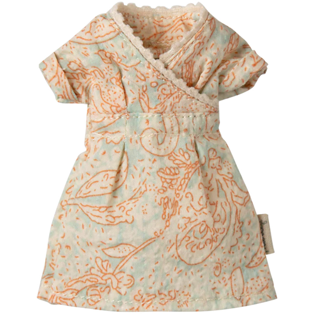 Maileg poppenkleding bloemenjurk van katoen met een groen en oranje bloempatroon.