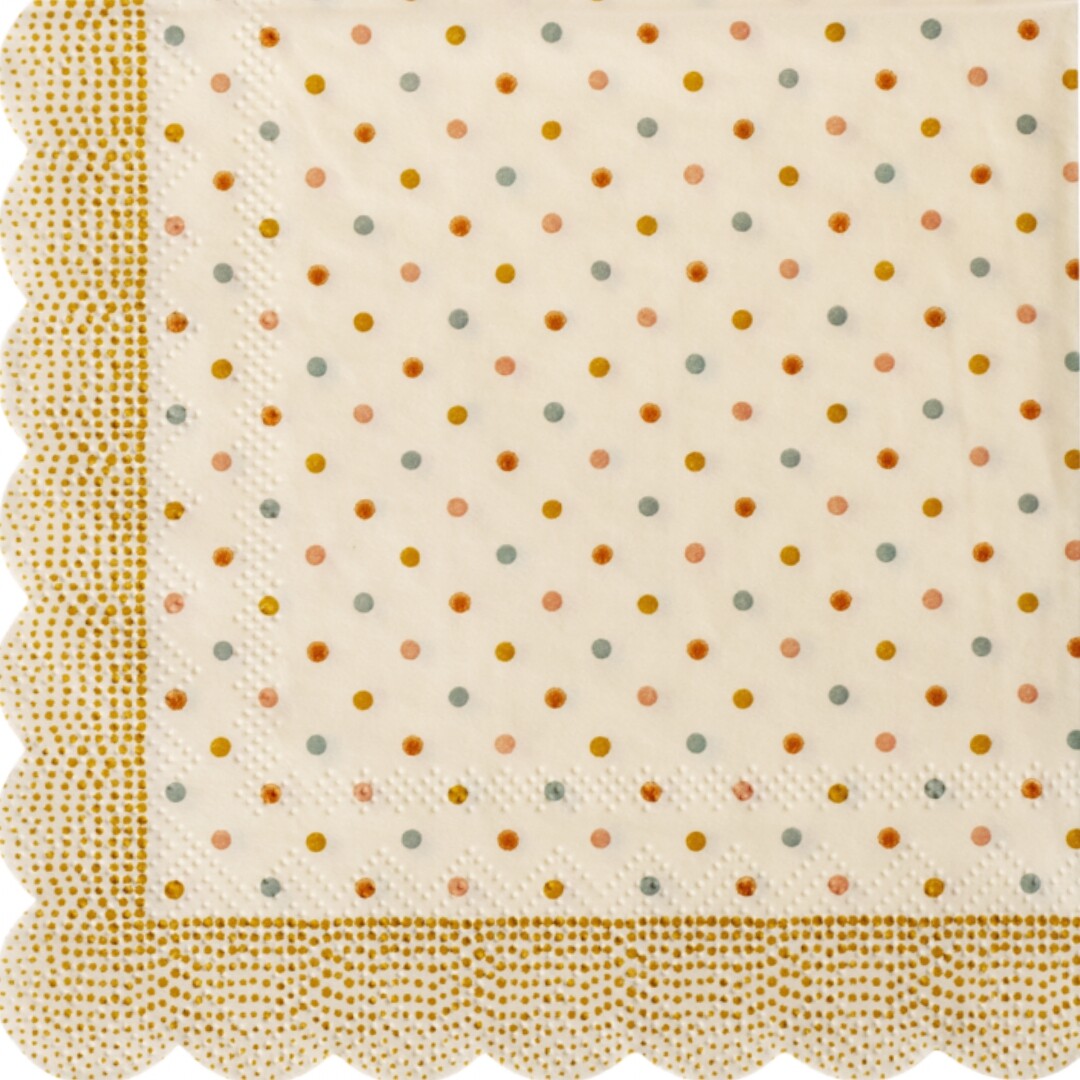 Maileg servet met kleurrijke stippen op een beige ondergrond en een geschulpte rand met gouden stippen.