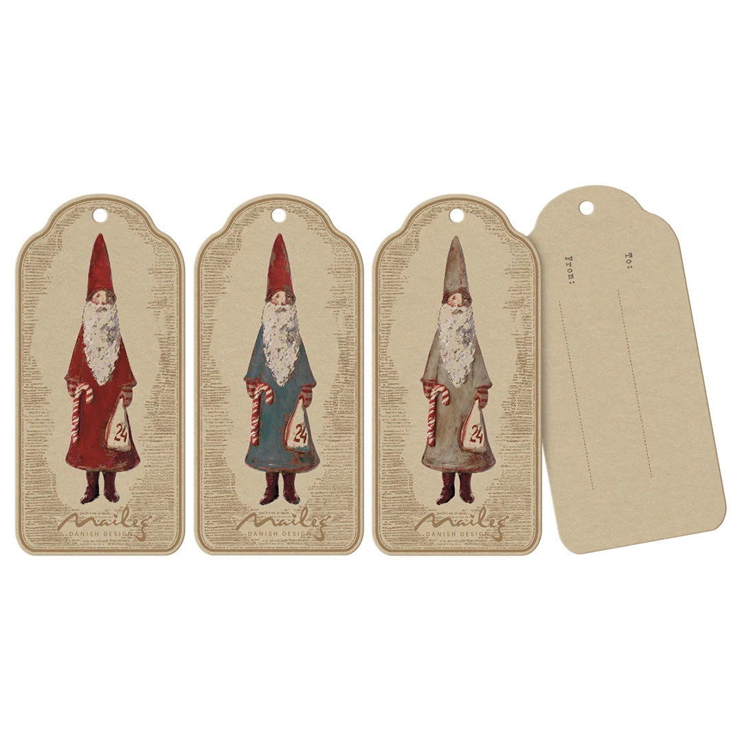 Maileg kerstcadeaulabels met drie verschillende Nicolaus figuren en een blanco achterkant.
