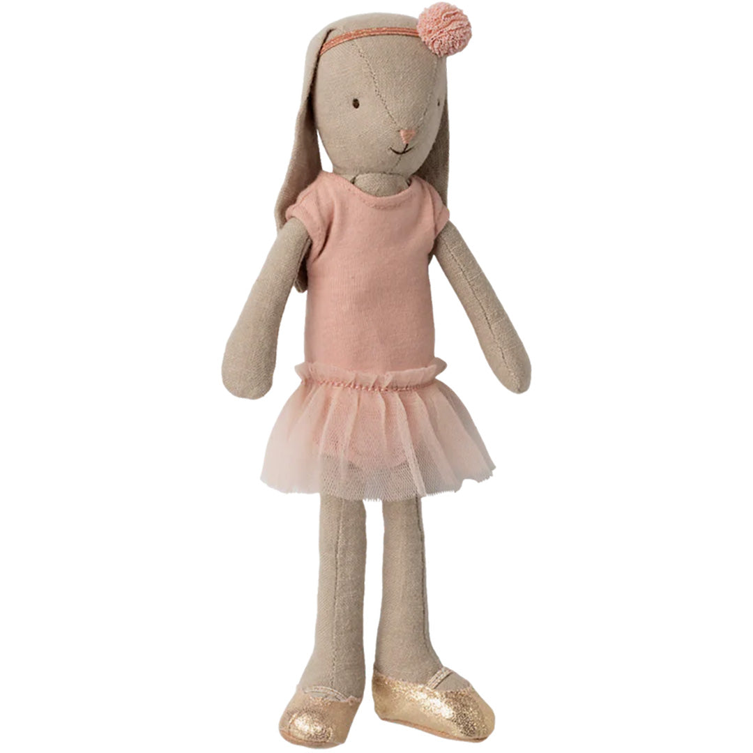 Maileg knuffelkonijn ballerina in roze jurk en gouden schoentjes.