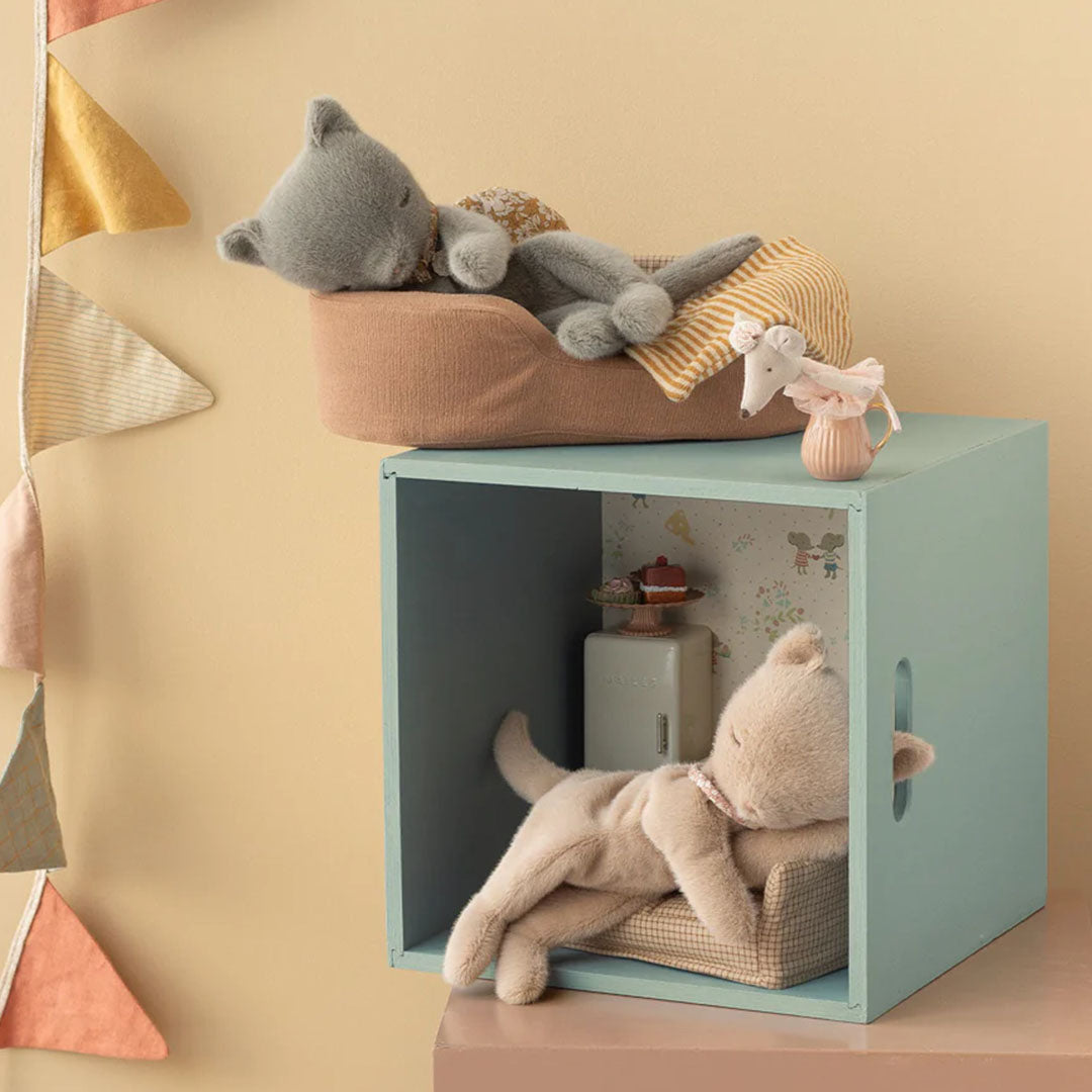 Twee Maileg pluchen slapende katten, een grijze en een beige, in miniatuur bedjes op en in een blauwe kubus.