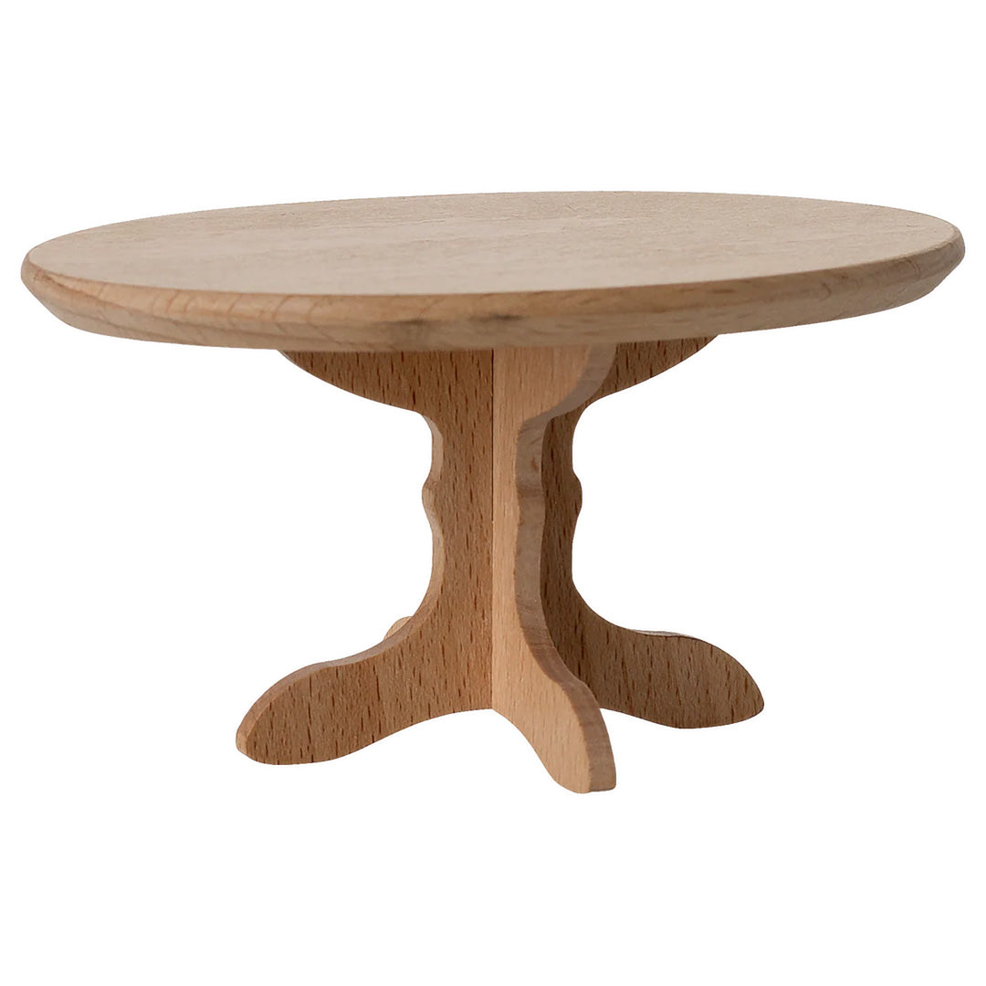 Maileg houten poppenhuis eettafel met ronde bovenkant en voetstuk.