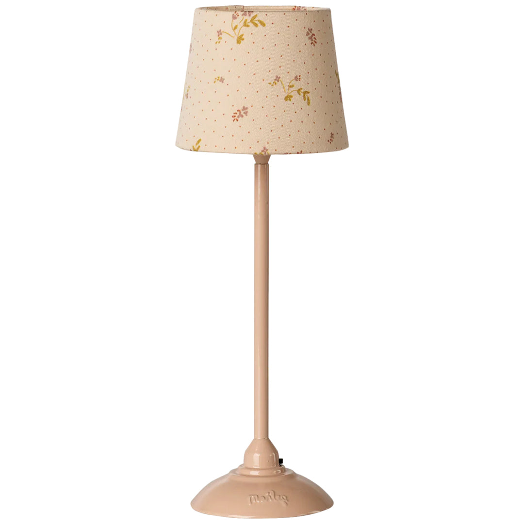 Maileg poppenhuis vloerlamp met roze voet en gebloemde kap.