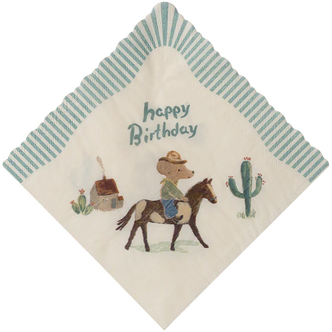 Maileg servet met een cowboy muis op een paard, een huisje, een cactus en de tekst 'happy Birthday'.