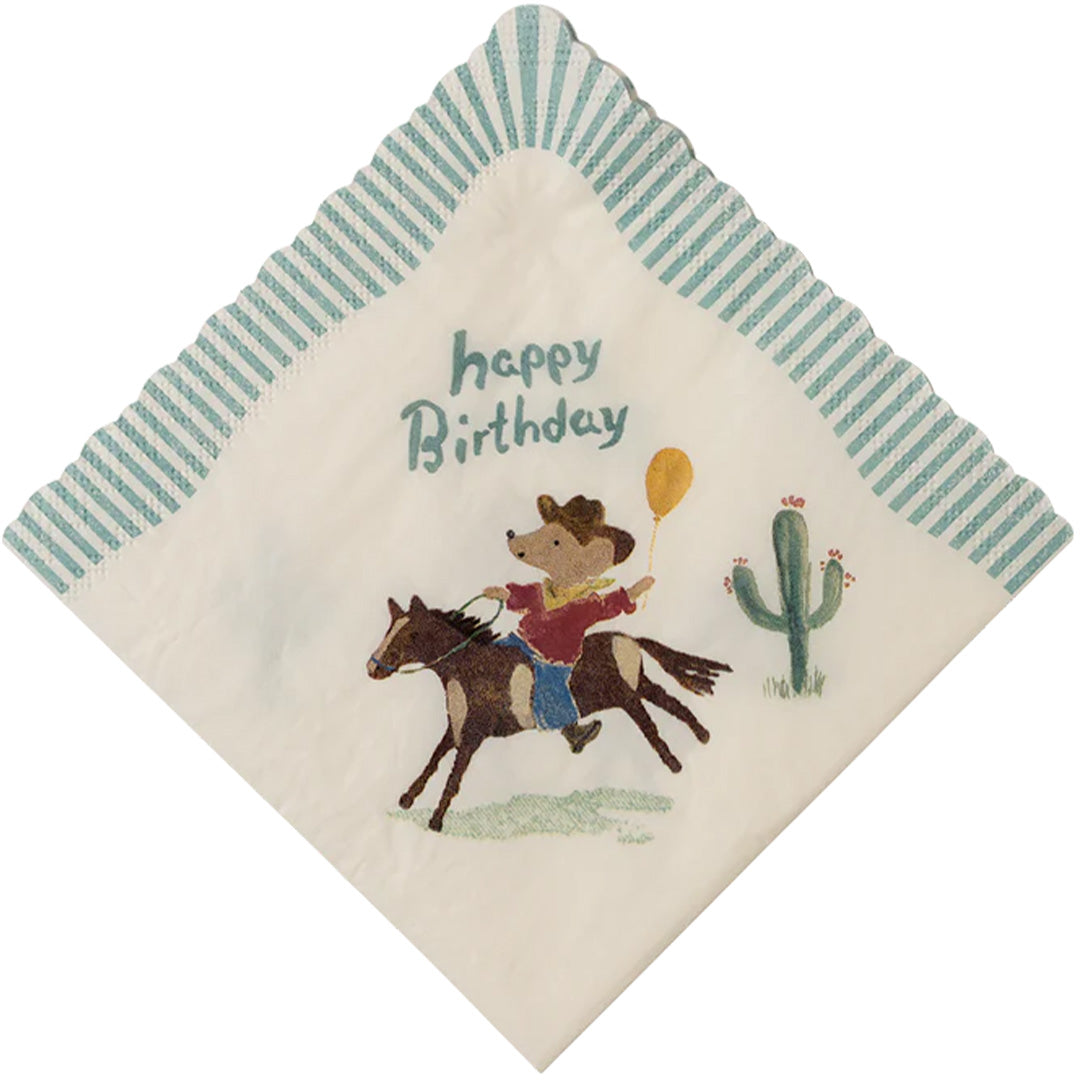 Maileg servet met een cowboy muis op een paard, een gele ballon, een cactus en de tekst 'happy Birthday'.