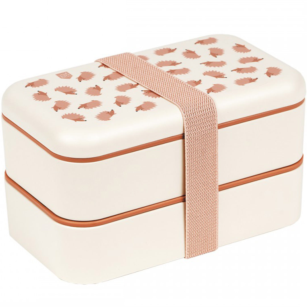 Maison petit jour bento broodtrommel met egelpatroon en roze elastiek.