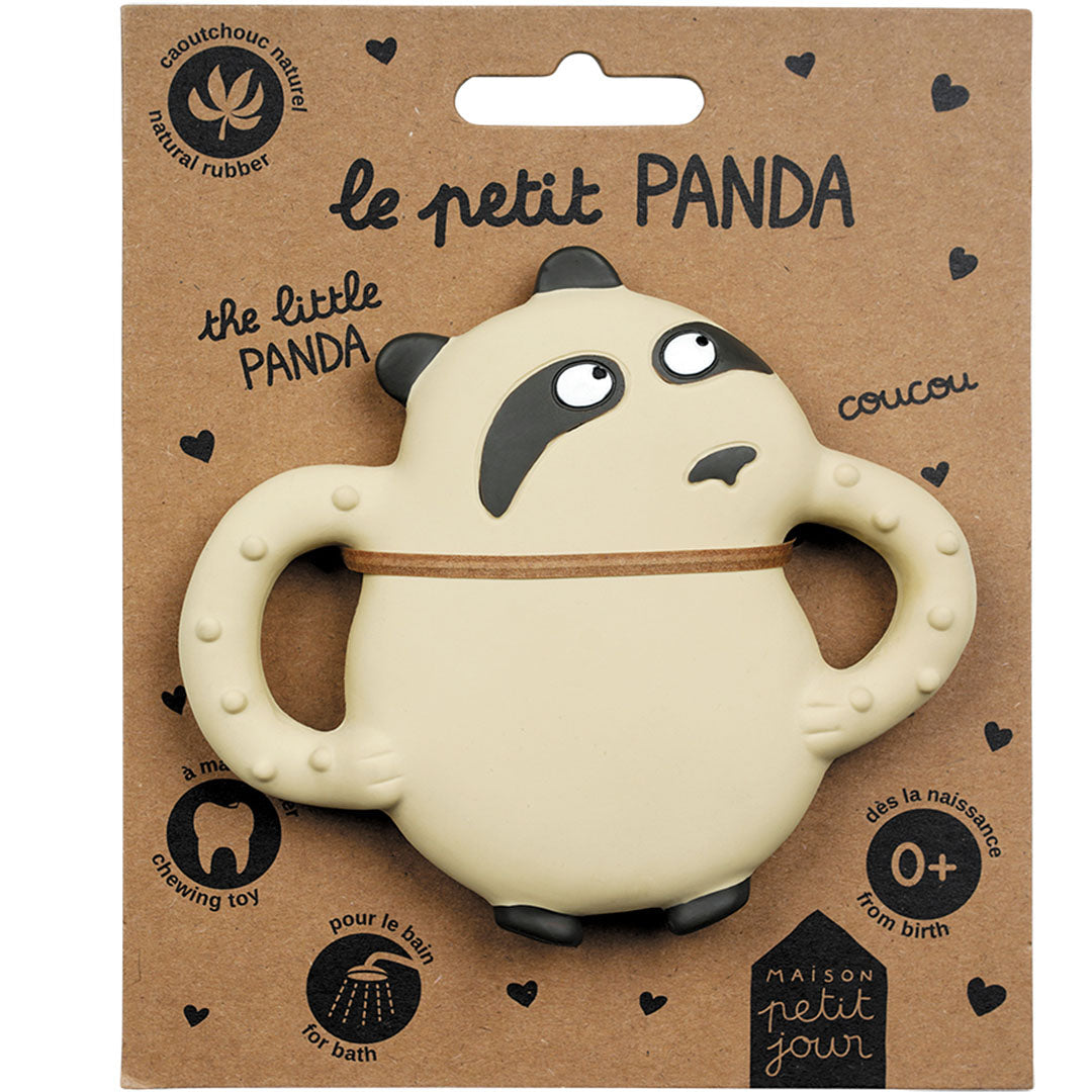 De Maison Petit Jour bijtring in de vorm van een beige panda in de originele kartonnen verpakking.