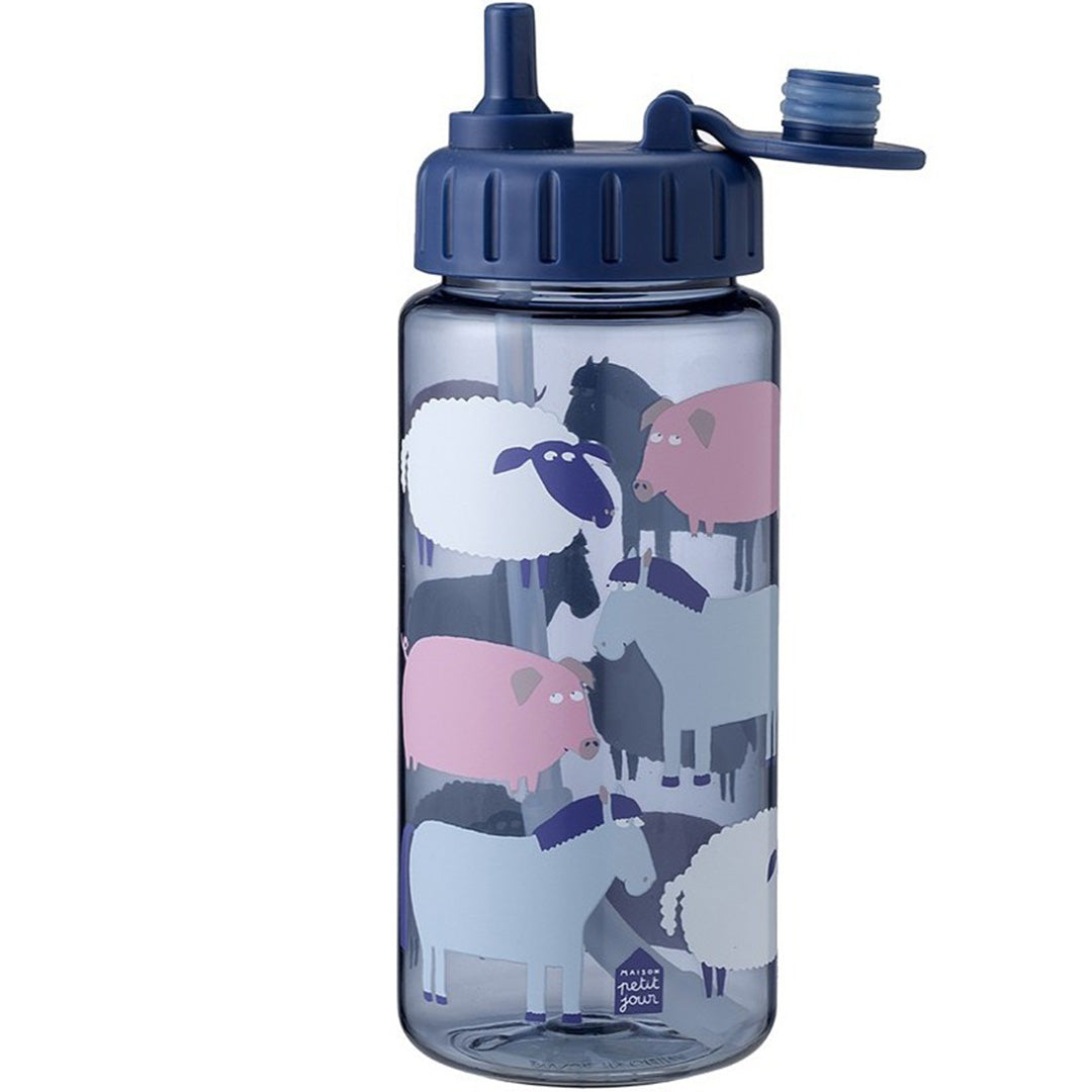 Maison Petit Jour kinder drinkfles met open drinktuit en een patroon van boerderijdieren.