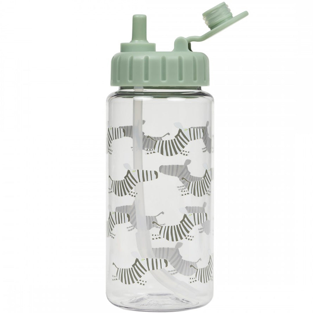 Maison petit jour drinkfles met groene dop en rietje, versierd met een zebrapatroon.