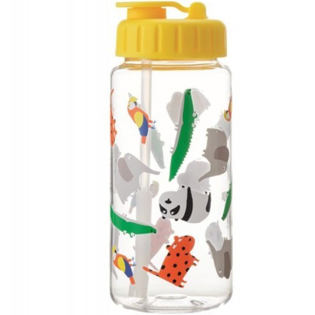 Maison Petit Jour drinkfles met gele dop en kleurrijke dierentuin dieren illustraties.