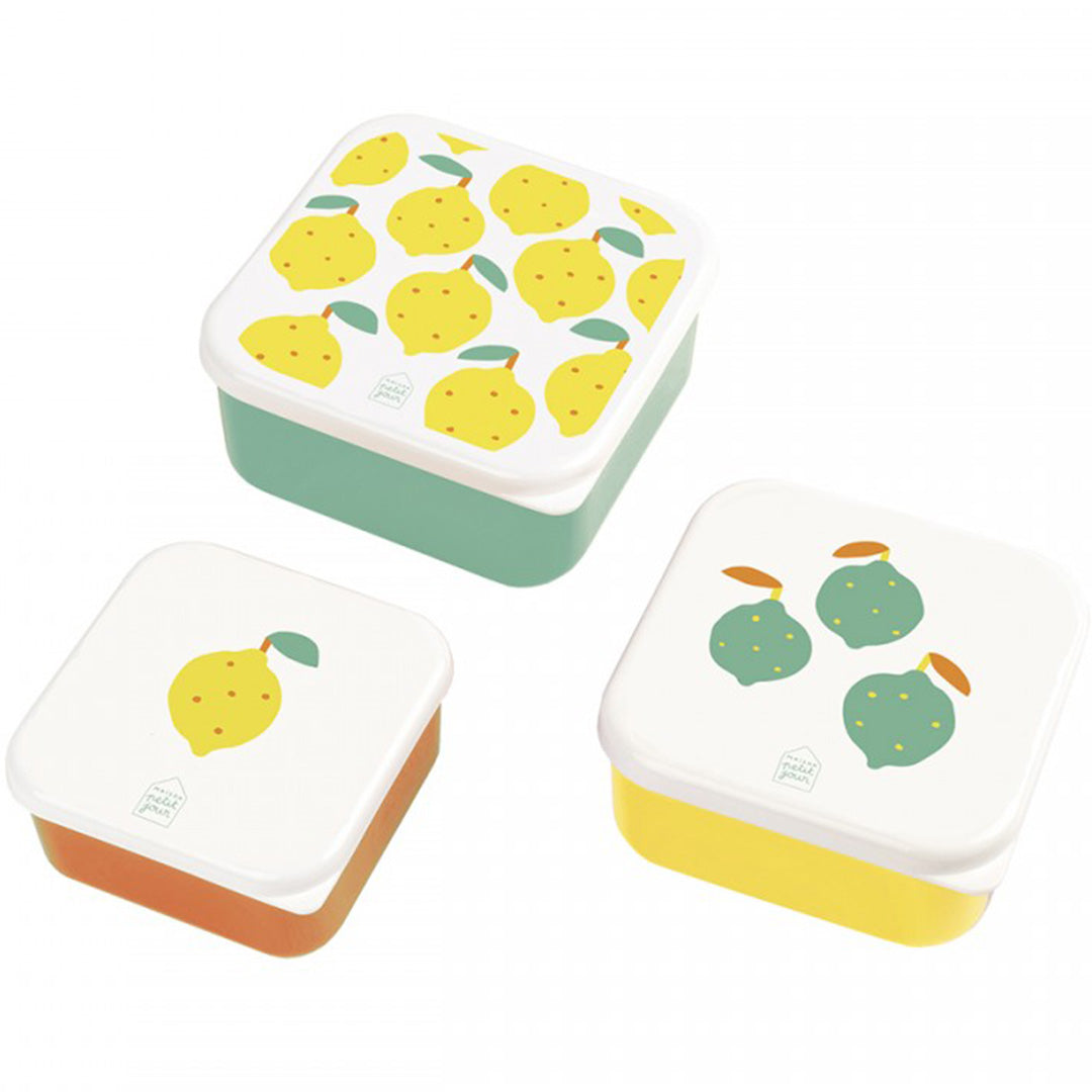 Drie maison petit jour snackdoosjes met citroenprint, in groen, oranje en geel.