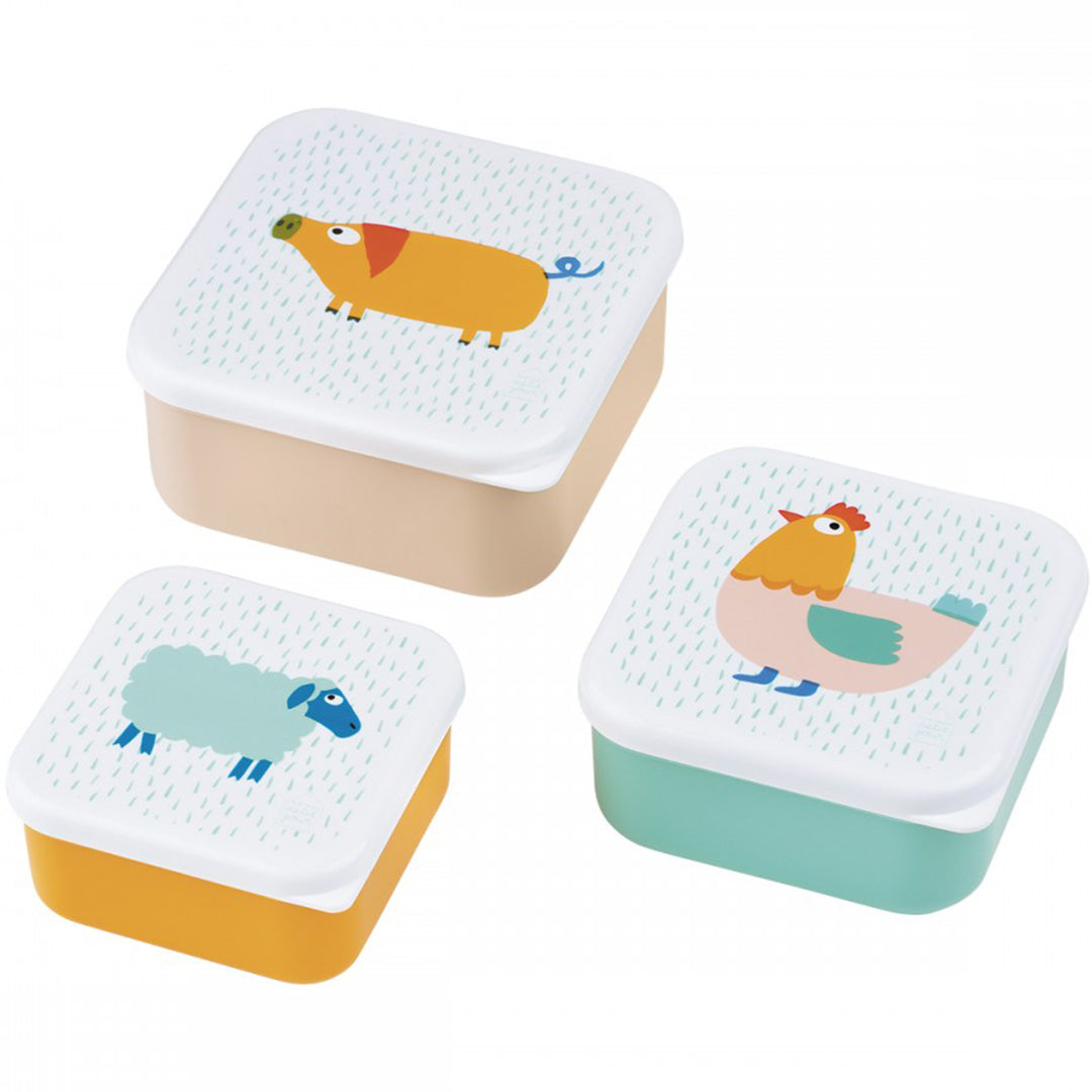 Maison Petit Jour set van drie vierkante snackdoosjes met boerderijdieren: een varken, kip en schaap.