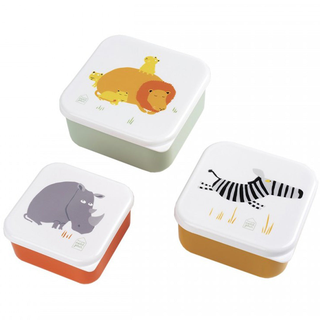 Drie Maison Petit Jour snackdoosjes met savannedieren: een leeuw, neushoorn en zebra.