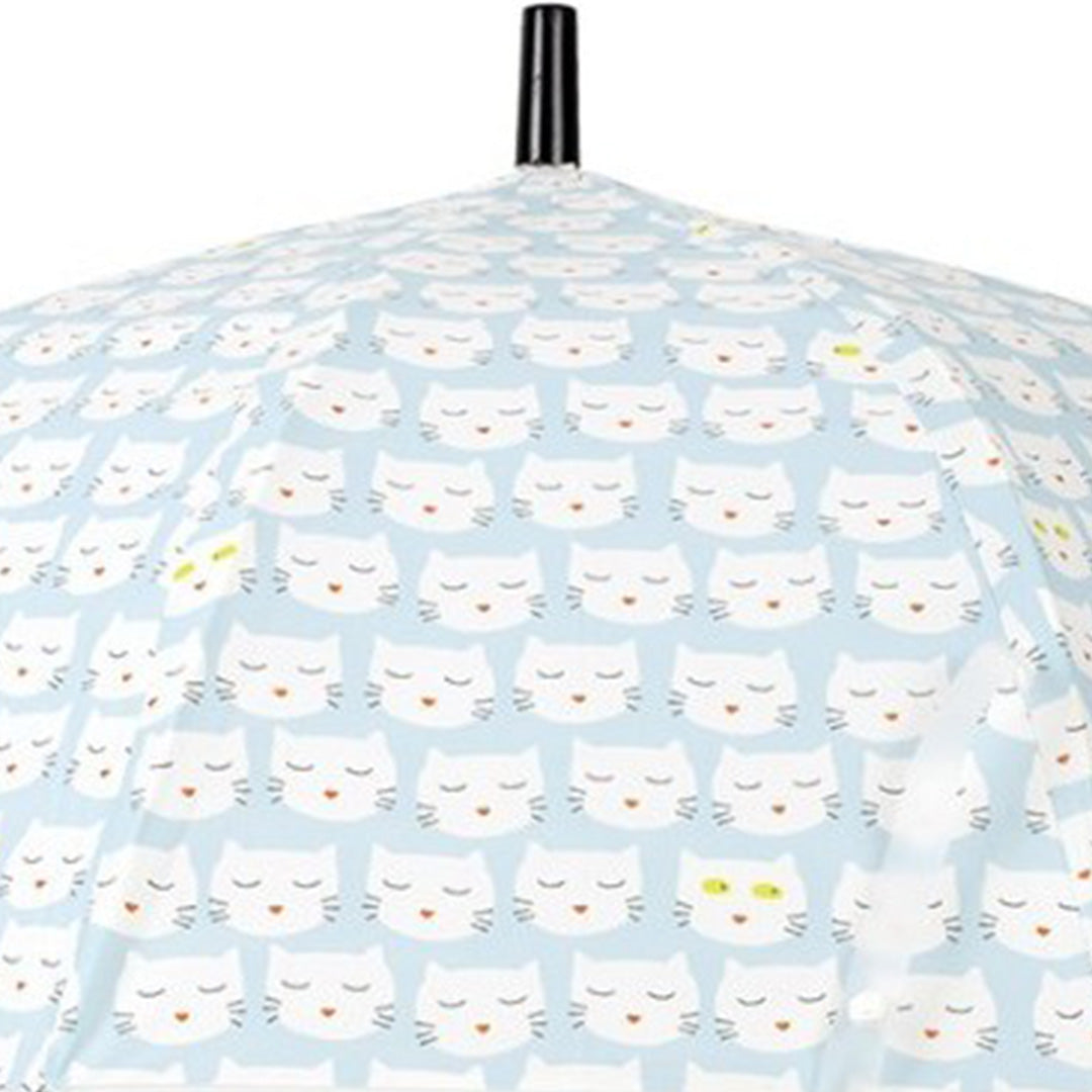 Detail van de maison petit jour kinderparaplu met blauw doek en wit kattenpatroon.