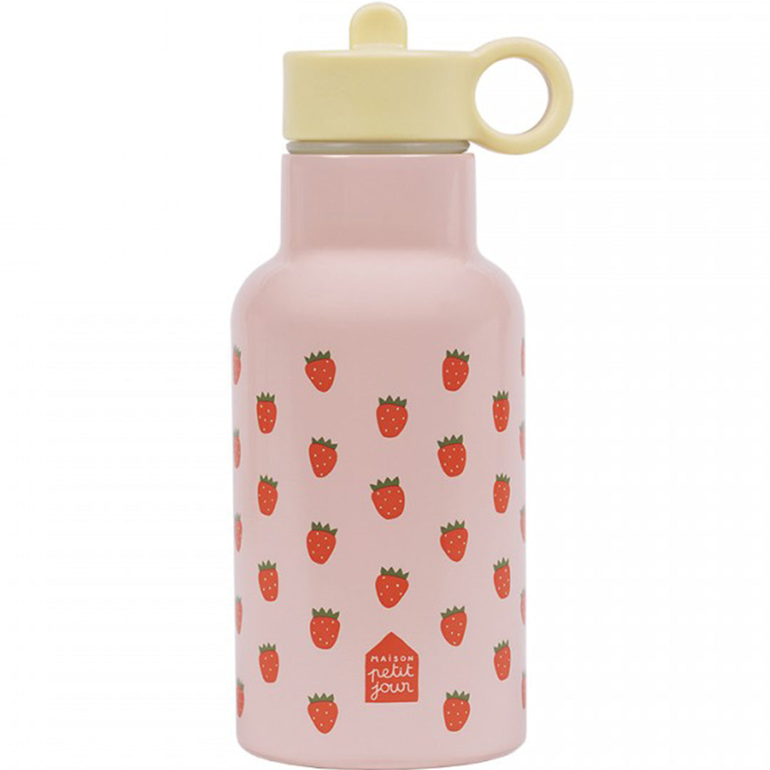 Roze Maison Petit Jour kinder drinkfles van roestvrij staal met aardbeienprint.