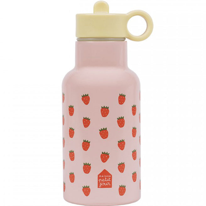 Roze Maison Petit Jour kinder drinkfles van roestvrij staal met aardbeienprint.