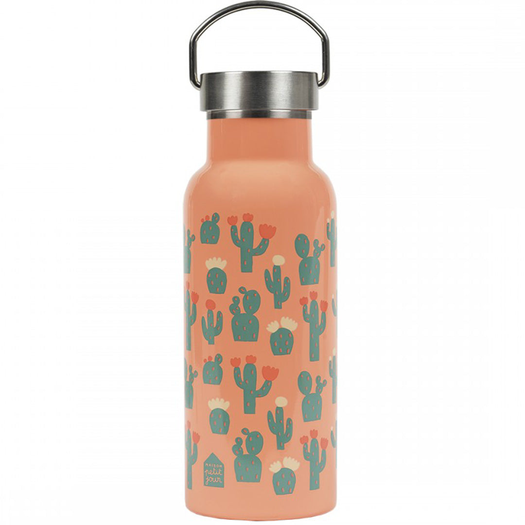Maison Petit Jour RVS drinkfles voor kinderen met een oranje kleur en cactuspatroon.