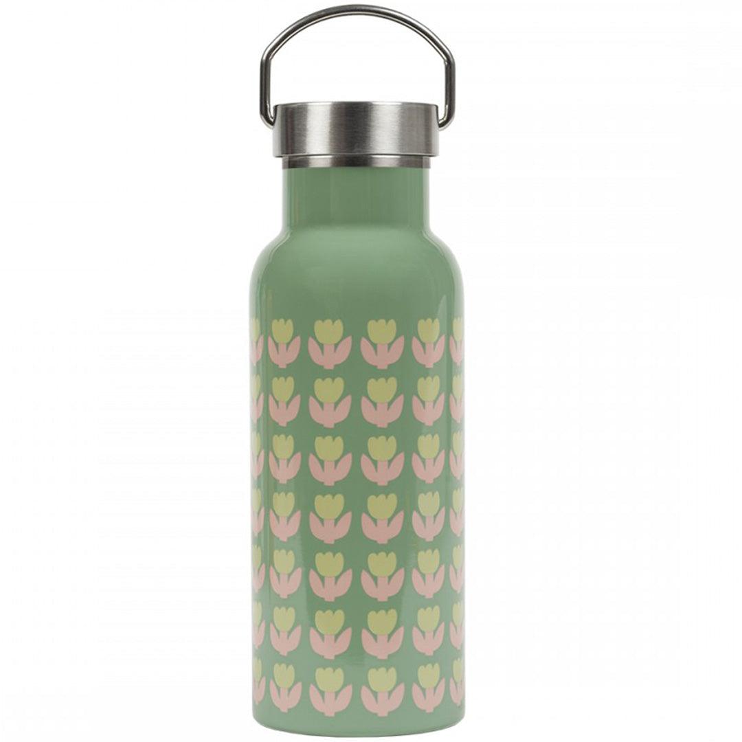 Maison petit jour groene RVS kinderdrinkfles met roze en gele tulpenpatroon.