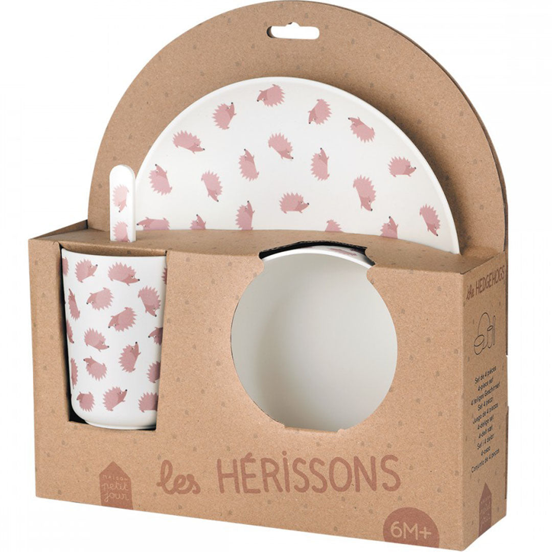 Verpakking van het maison petit jour 4-delige babyservies met egelpatroon.