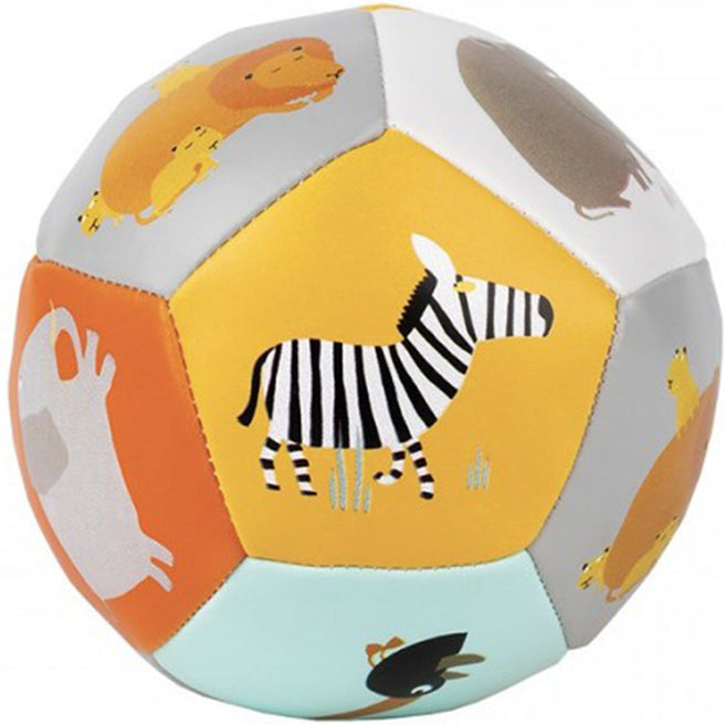 Maison petit jour zachte babyspeelbal met savannedierenpatroon, close-up.