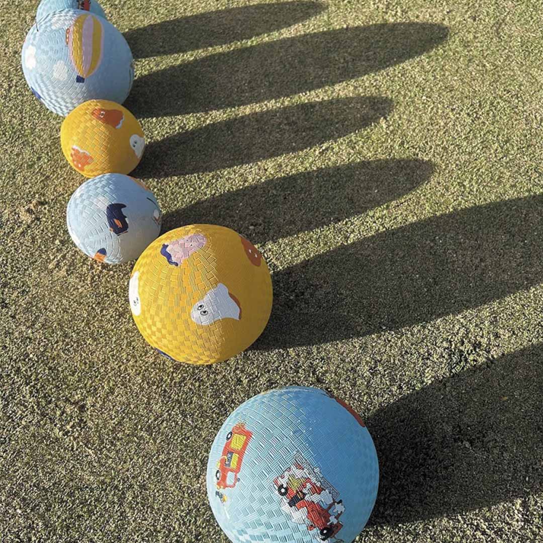 Een rij Maison petit jour speelballen op gras, met de blauwe brandweerbal vooraan en andere gekleurde ballen erachter.