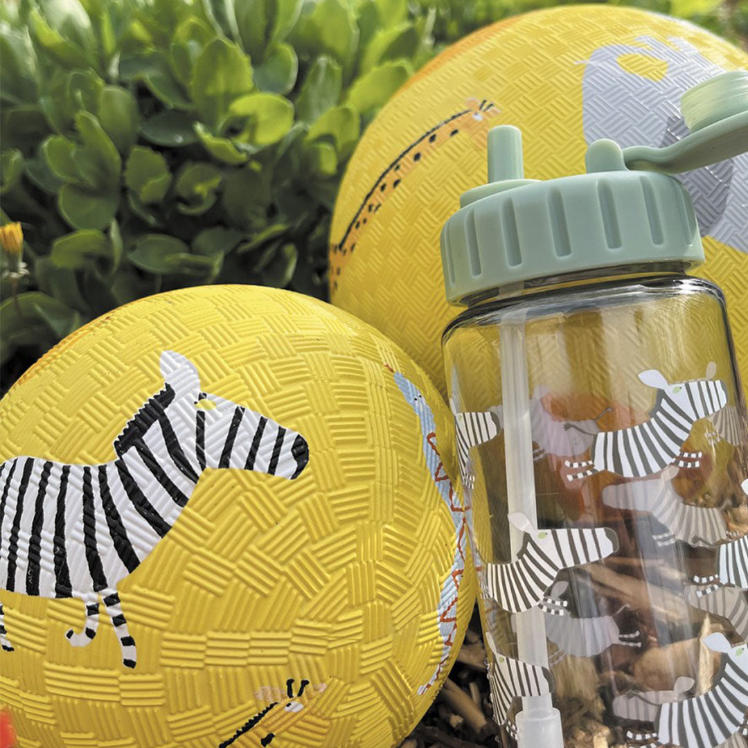 Twee maison petit jour gele speelballen met zebraprint en een waterfles met zebra's in een buitenomgeving.