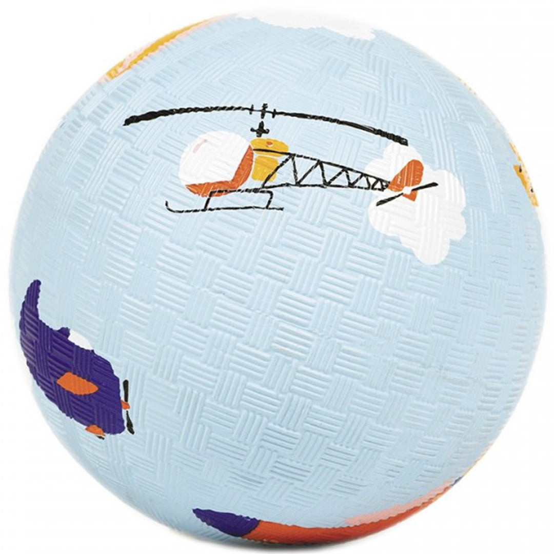 Maison petit jour blauwe rubberen speelbal met luchtvoertuigen, waaronder een helikopter.