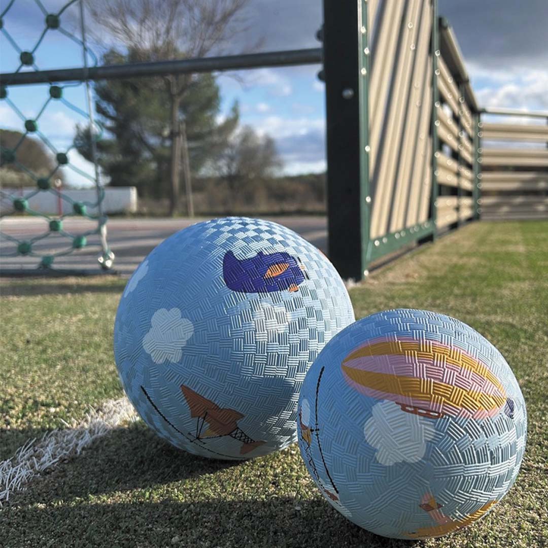 Twee Maison petit jour blauwe speelballen met luchtvoertuigen op een grasveld bij een voetbaldoel.