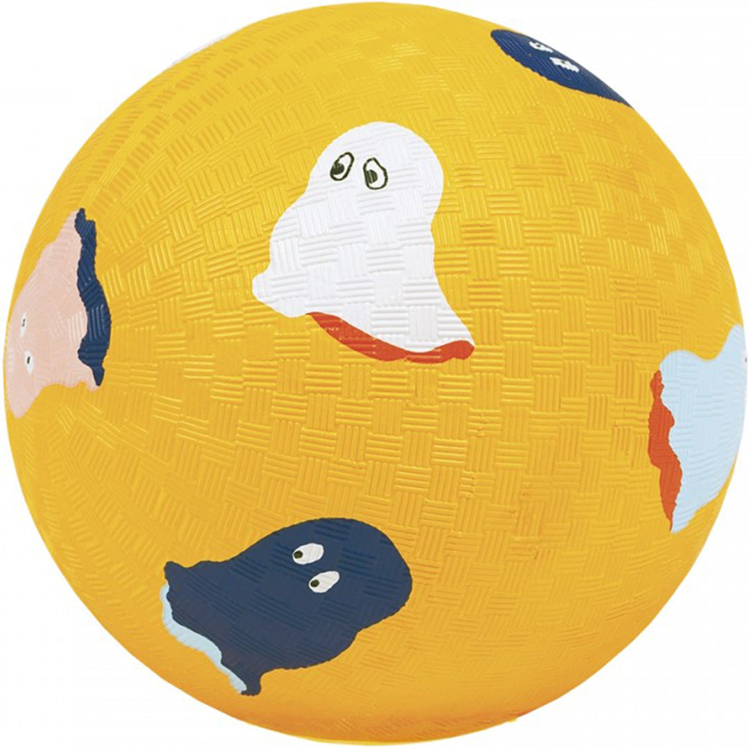 maison petit jour gele speelbal met witte en donkere spookjesfiguren.