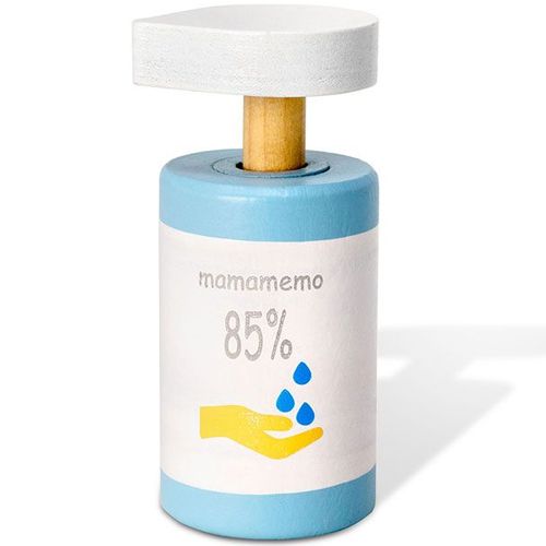 Mamamemo houten speelgoed desinfecterende handgel flesje met blauwe en witte accenten en een pompje.